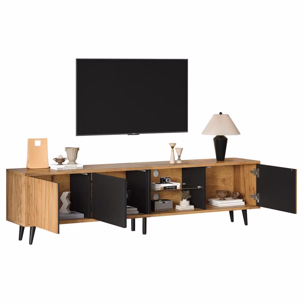 Rolipo Modern Wood and Glass TV Stand in Brown and Black, W: 175 cm – 5