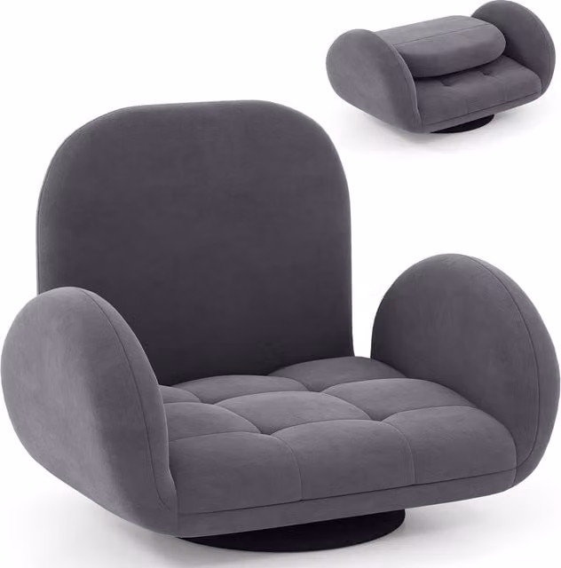 Gymax Grey Swivel Floor Sofa Chair, Adjustable Folding Gaming Recliner with Armrests – 1