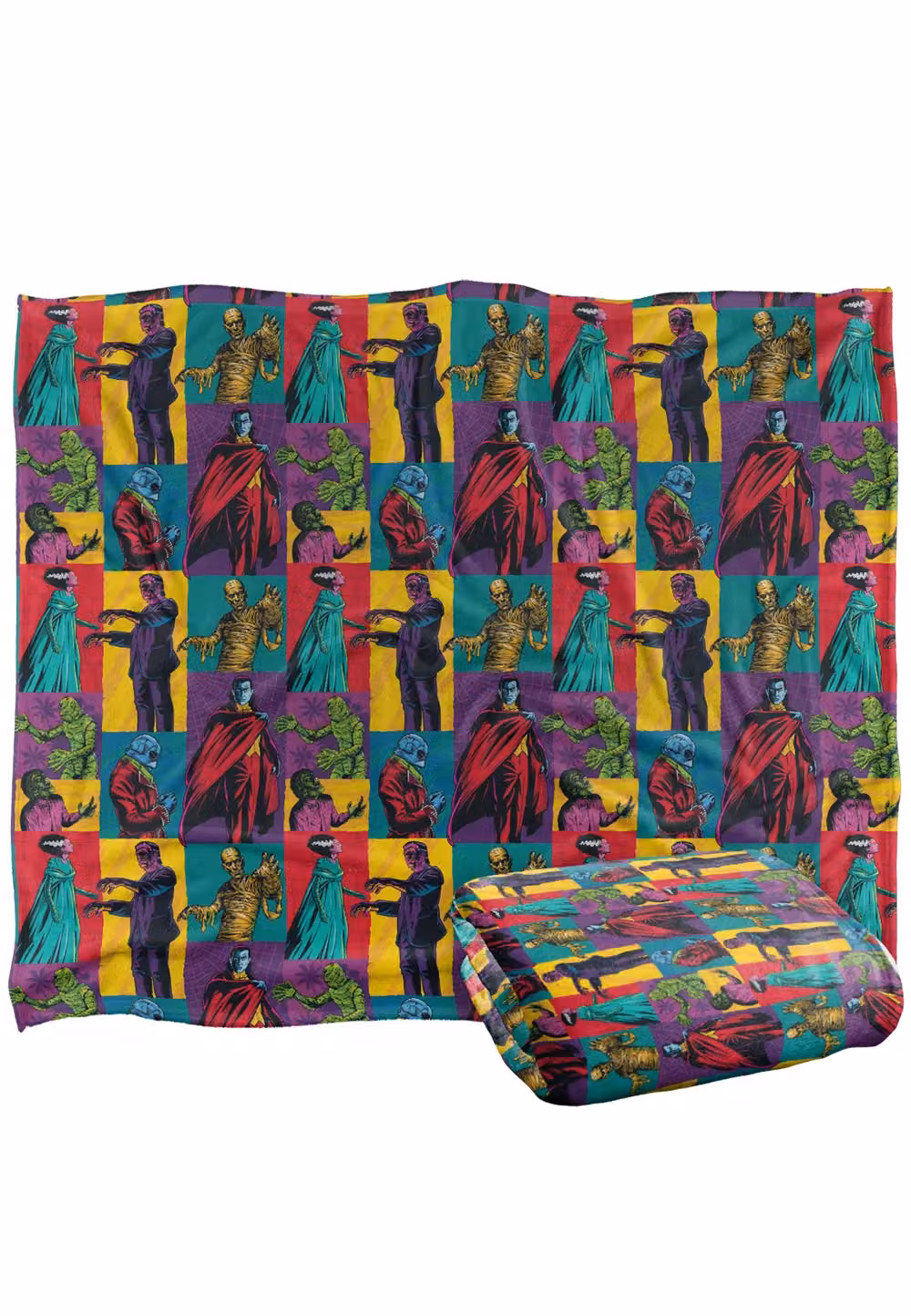 Universal Monsters Collage Silky Touch Blanket in White and Multicolour, W: 152 cm, D: 127 cm – 2