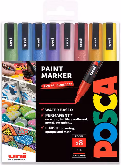 POSCA PC-3ML Glitter Paint Marker Art Pens, Set of 8, Multicolour