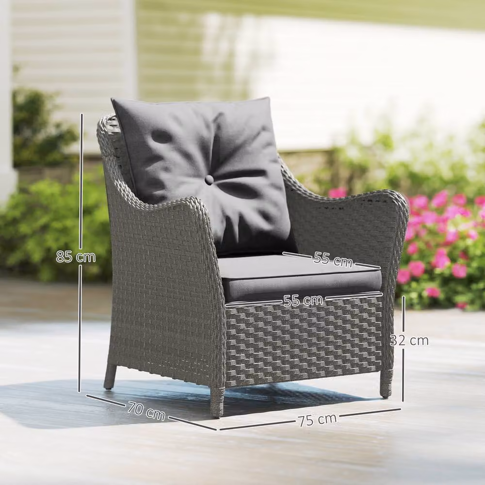 ERGOVEXA Set of 2 Modern Grey Polyrattan Garden Chairs with Removable Weather-Resistant Cushions and Armrests – 2