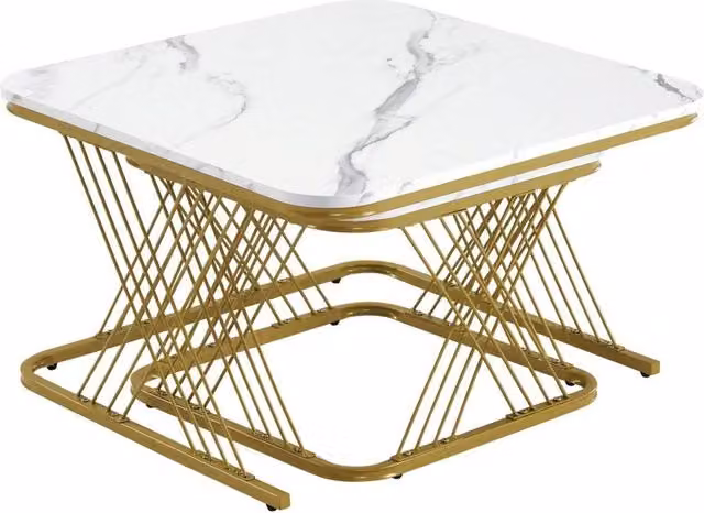 PAWNORA Square Nesting Coffee Table Set of 2 in White with Marble Tops and Metal Sled Base – 1