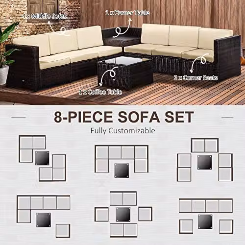 Outsunny 8 Piece L-Shape Rattan Garden Furniture Set with Cushions, Brown – 5