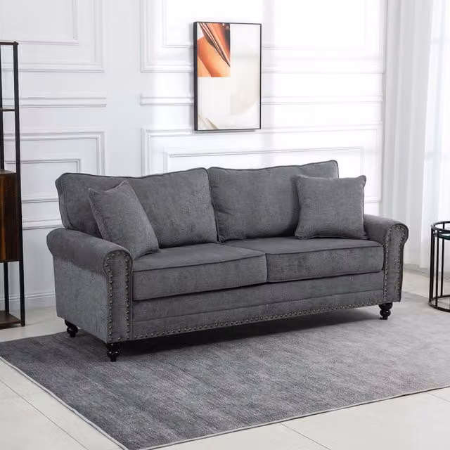 HOMCOM 3 Seater Fabric Sofa in Grey with Scatter Cushions and Nailhead Trim