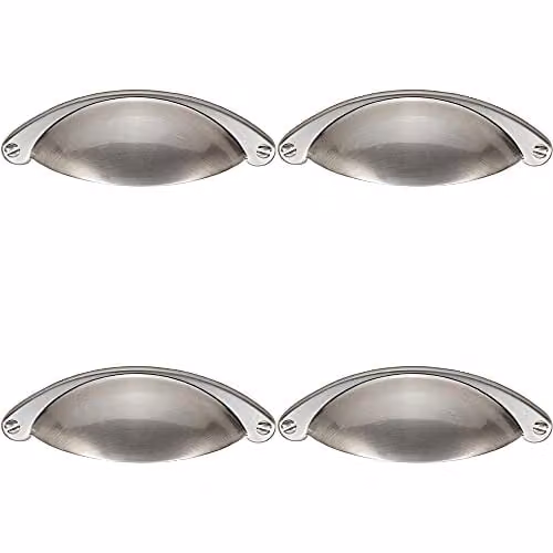 Loops 4 Pack Traditional Metal Cup Pull Handles in Brushed Silver Nickel Plated, W: 10.4 cm, H: 2.6 cm, Fixing Centres: 6.4 cm