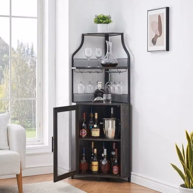 VOGREX Modern Corner Tall Wine Bar Cabinet with Glass Doors in Black – 1