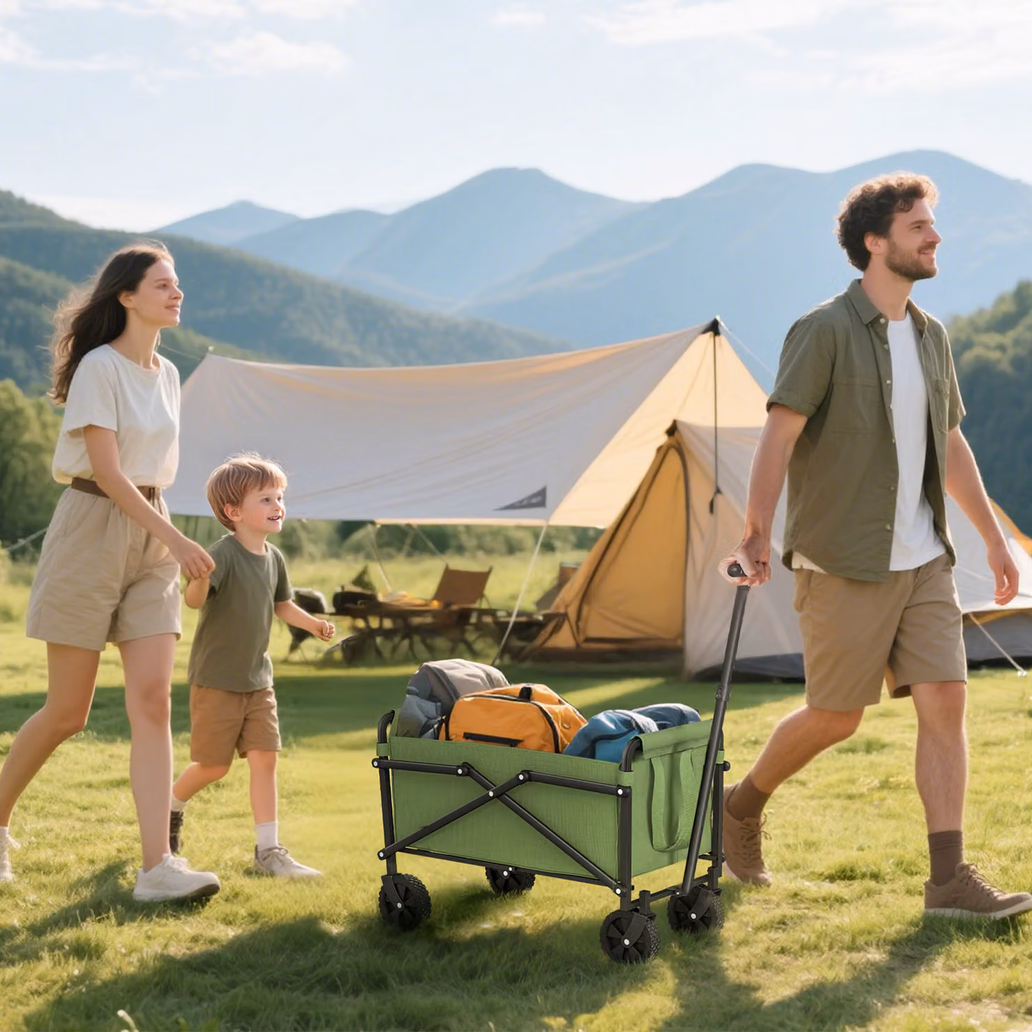Outsunny 41L Festival Trolley on Wheels, Green Heavy Duty Collapsible Folding Wagon with Adjustable Handle and Carrying Bag – 2
