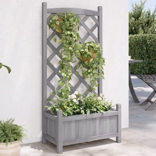 Berkfield Home Grey Solid Wood Fir Planter with Trellis