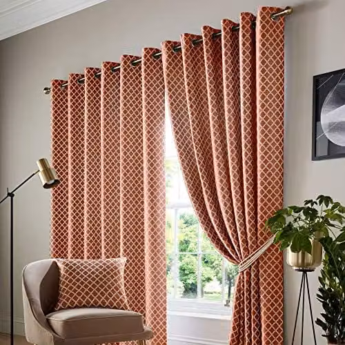 Alan Symonds Cotswold Fully Lined Jacquard Eyelet Ring Top Curtains, Pair, Orange, W: 229 cm, H: 183 cm