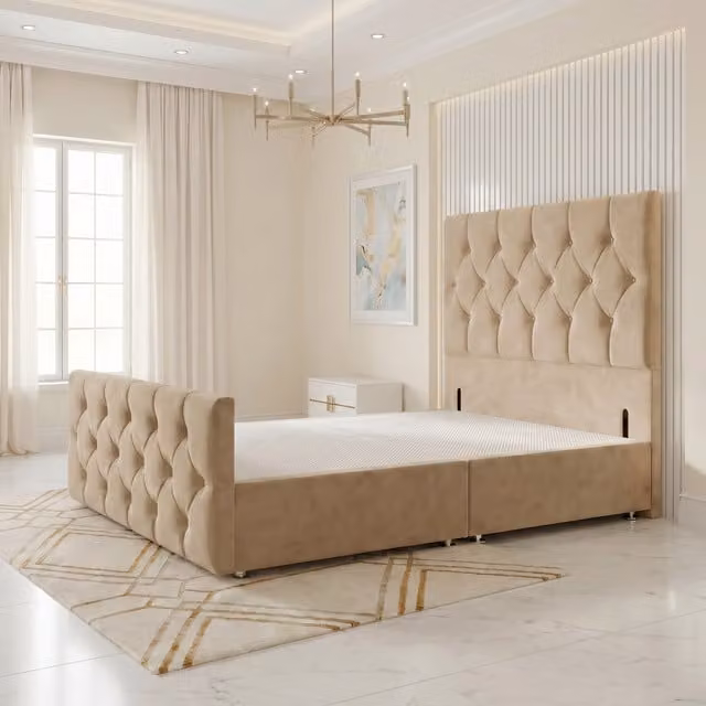 Somnior Beds Ltd Chesterfield Velvet Divan Bed Base with Drawers and Floor Standing Headboard in Beige/Brown, W/D/H: 180 x 200 cm