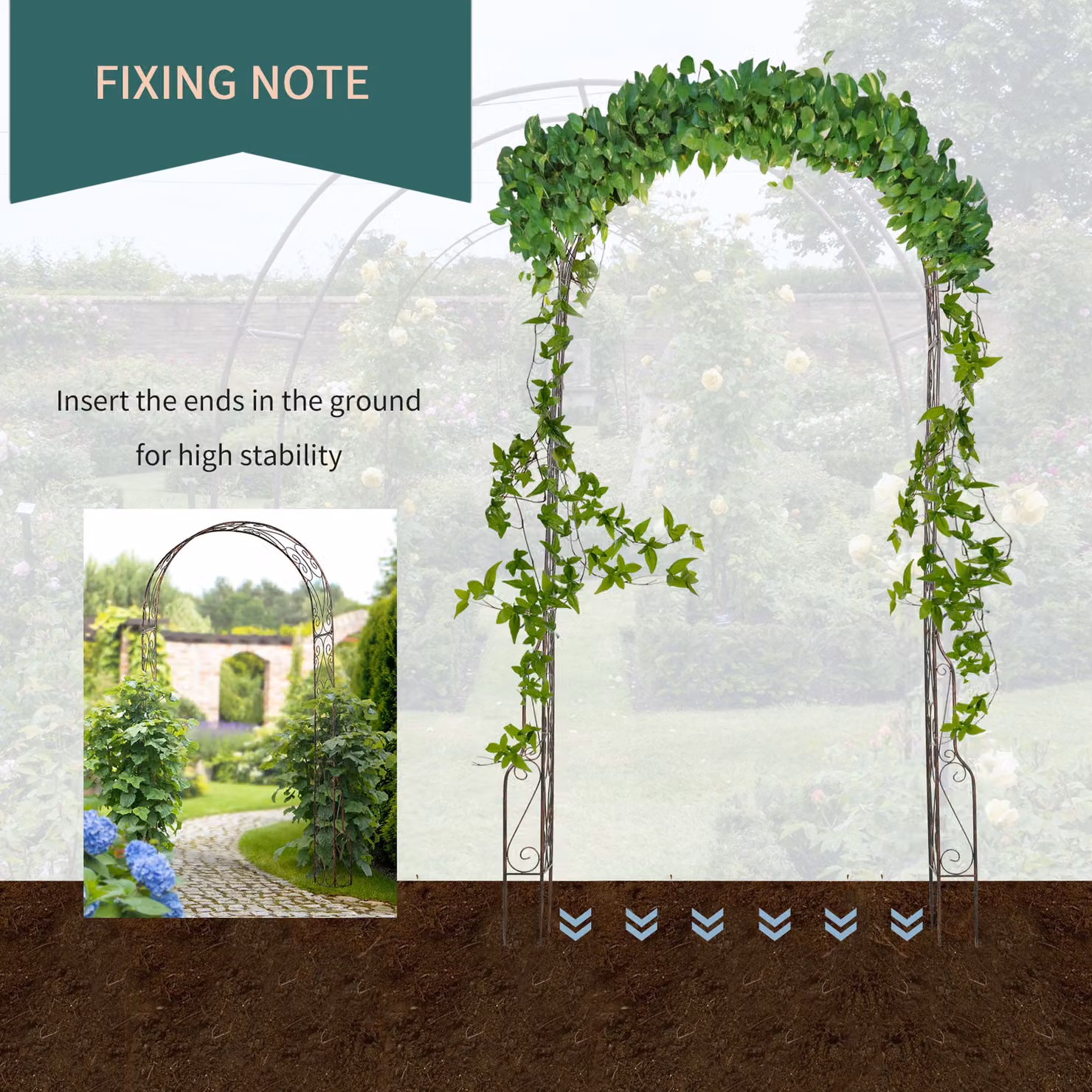 Outsunny Metal Decorative Garden Rose Arch Arbour Trellis for Climbing Plants Support, W/D/H: 120 x 30 x 226 cm – 4