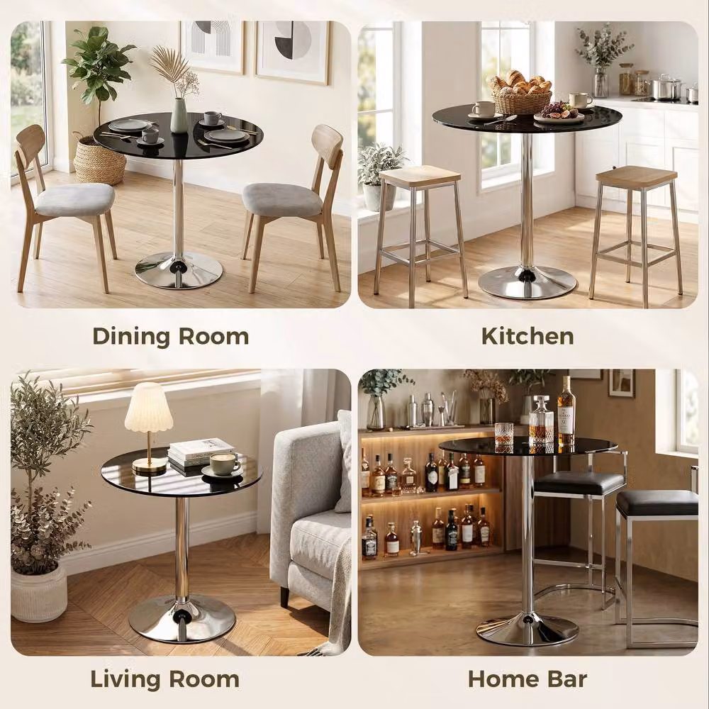 STILVORA Modern Round Dining Table for 4 with Black Glossy Tempered Glass Top and Metal Frame, W/D/H: 120 x 120 x 75.5 cm – 4