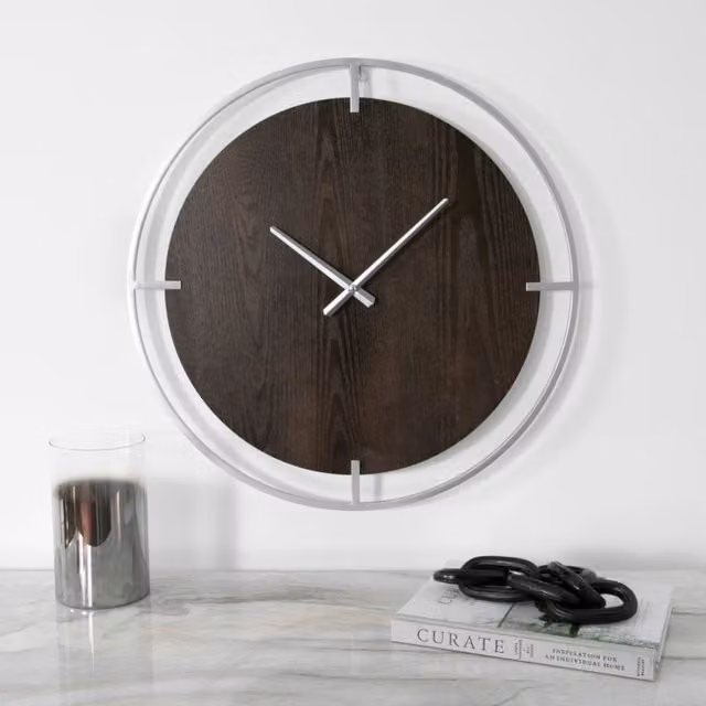 Native Home & Lifestyle Minimalist Round Analog Wall Clock in White and Silver with Wood and Metal Details – 1