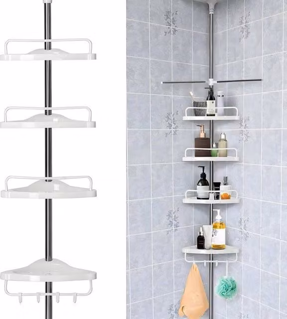 Kelvenix 4 Tier Telescopic White Wall Mounted Corner Bathroom Shower Shelf Rack with Adjustable Shelves – 1