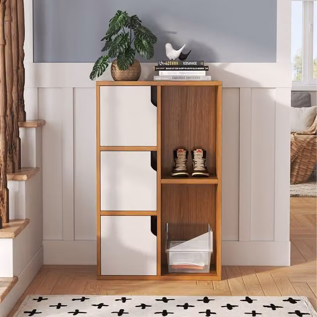 Livingandhome Modern 5-Cube Storage Bookshelf Cabinet with Doors and Open Shelves in White and Brown