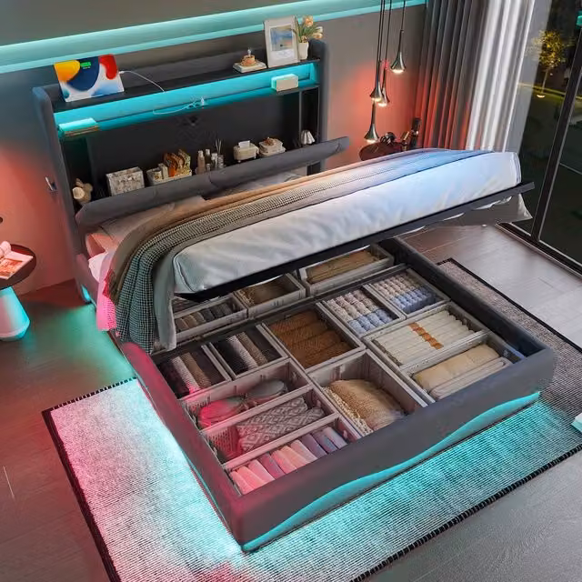 Matteo Plush Velvet Upholstered Bed Frame with LED Lighting, Storage and USB Charging Ports in Grey, W/D/H: 180 x 200 cm