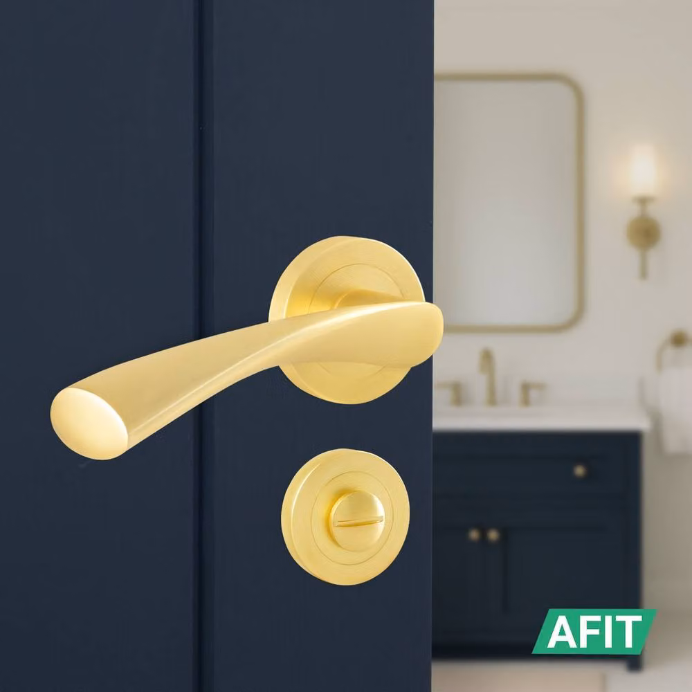 AFIT Novi Satin Brass Bathroom Fire Door Handle Set with Rose WC Lock and Hinges in Gold, Diameter: 57 mm – 4
