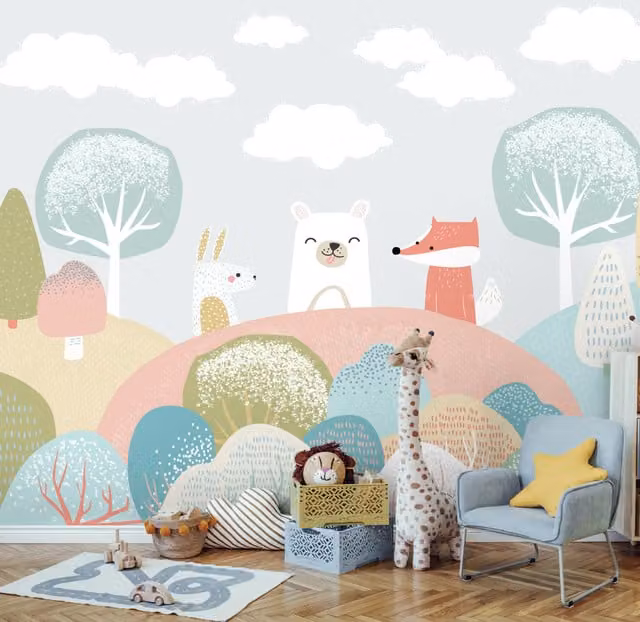 Origin Murals Scandinavian Woodland Animals Wall Mural for Children in Grey and Multicolour