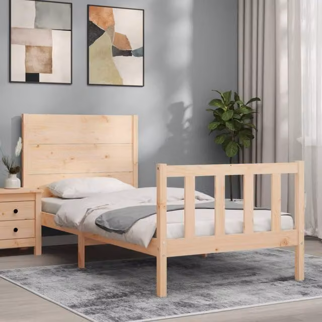 Berkfield Home Beautiful Single Solid Wood Bed Frame with Headboard in Beige, W/D/H: 90 x 190 cm