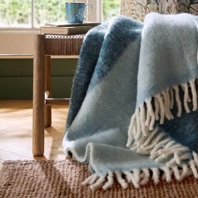 Laura Ashley Bronwen Woven Wool Throw with Fringes, Seaspray Blue, W: 130 cm, D: 170 cm