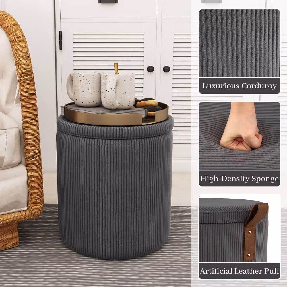 Costway Set of 2 Modern Round Upholstered Vanity Stools with Removable Lids in Grey – 6