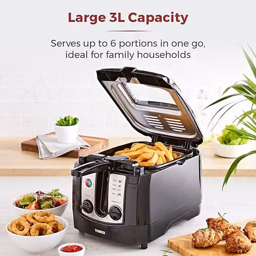 Tower T17002 Deep Fat Fryer with Timer and Adjustable Thermostat, 3L, 2300W, Black – 3