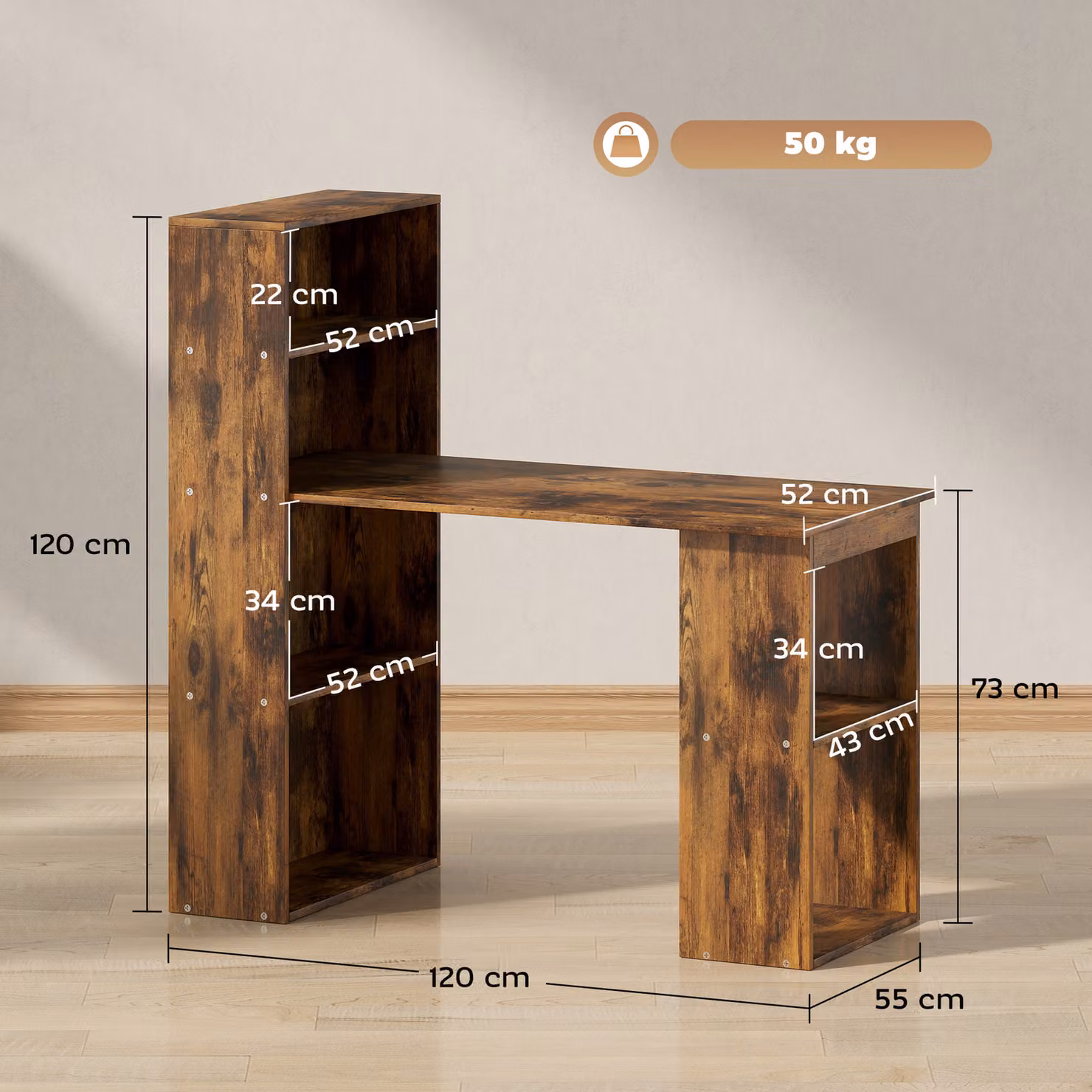HOMCOM Rustic Brown Wood-Effect Computer Desk with 6-Tier Storage Bookshelves, Width: 120 cm – 3