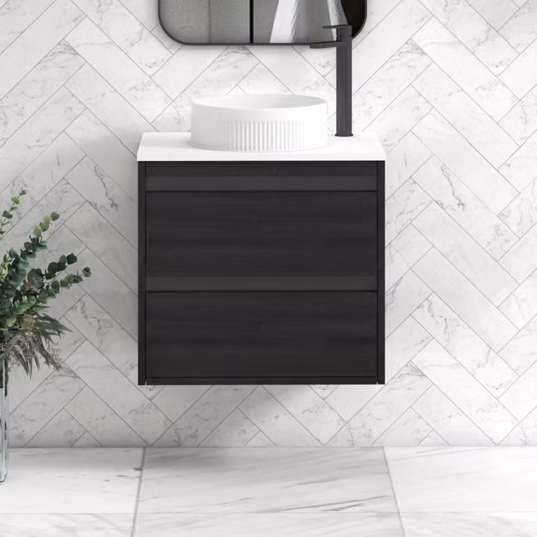 Royal Bathrooms Orion 600mm Hale Wall Hung Vanity Unit with 2 Drawers, Round Basin and Black Accent Trim in White and Black