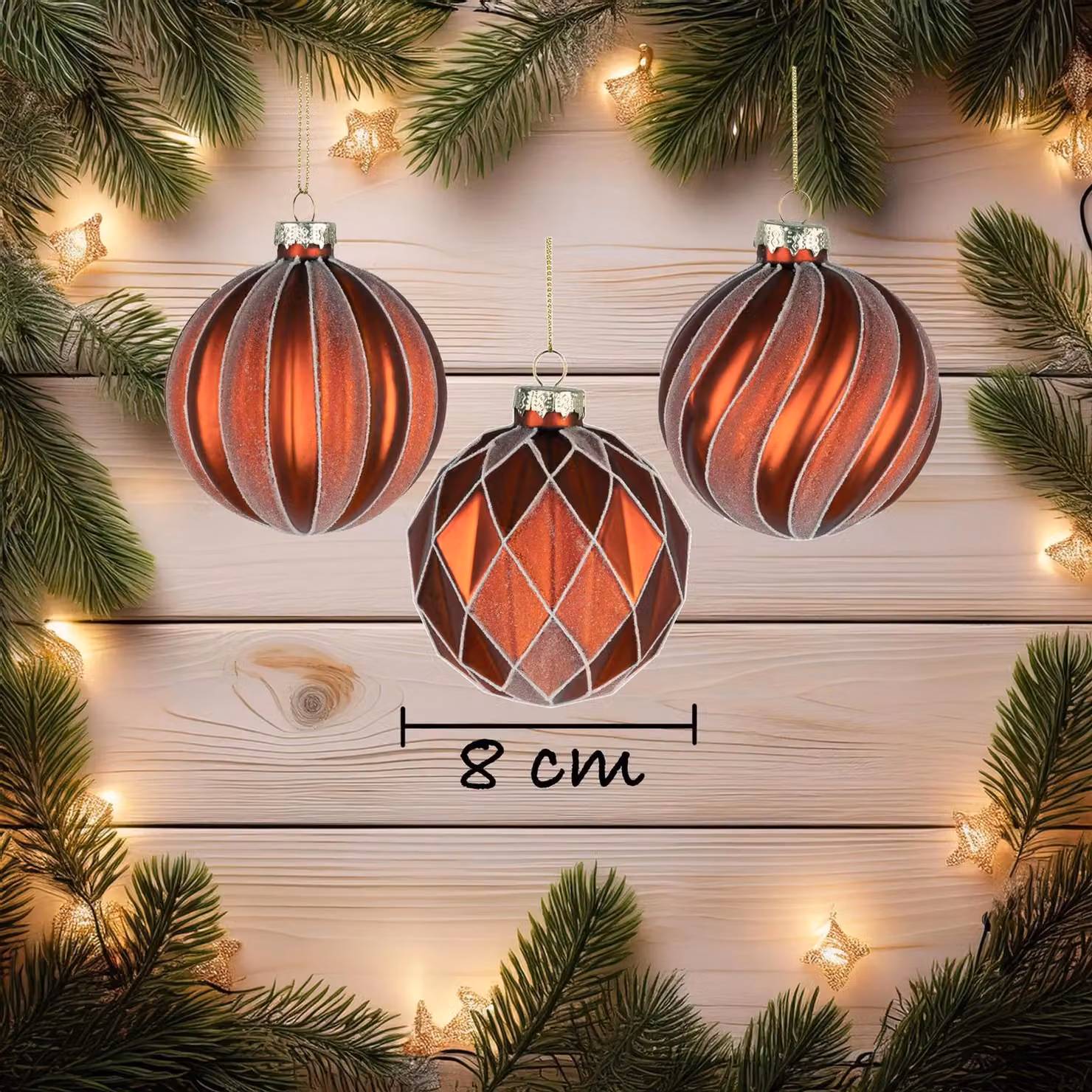 Shatchi Set of 12 Geometric Glass Baubles in Bronze, Gold and Red, Diameter: 8 cm – 9
