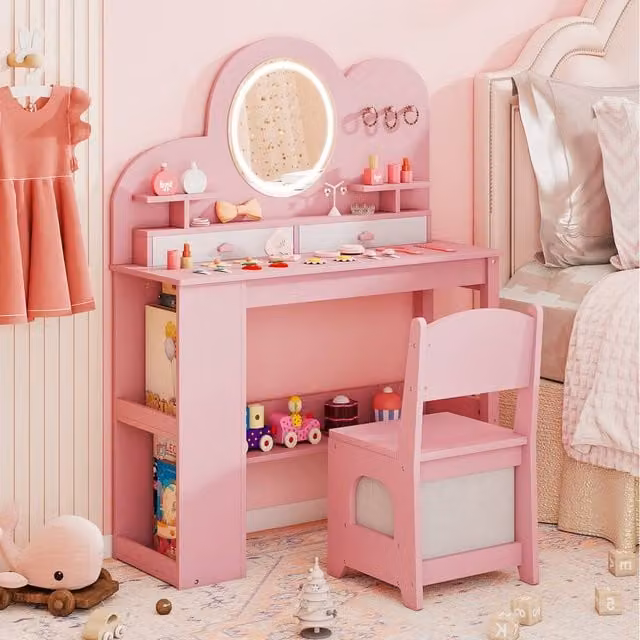 Costway Kids Makeup Dressing Table Set with Hollywood LED Lights, Pink – 1