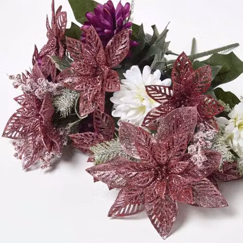 Homescapes Set of 2 Red and White Glitter Poinsettia Artificial Floral Arrangements – 3