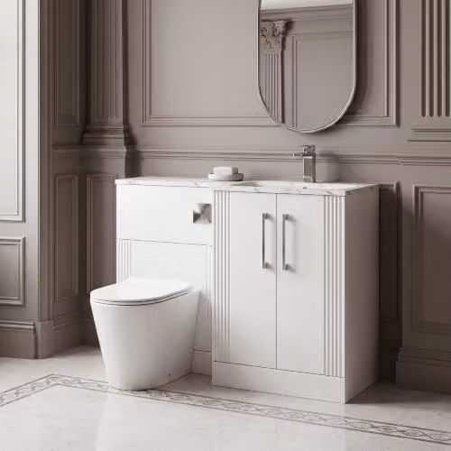 Balterley Belvide Retro Partially Fluted Floor Standing 2 Door Vanity Basin WC Combination Unit with Carrera Marble Stone Basin, Satin White, W/D/H: 110 x 39 x 85.8 cm – 2