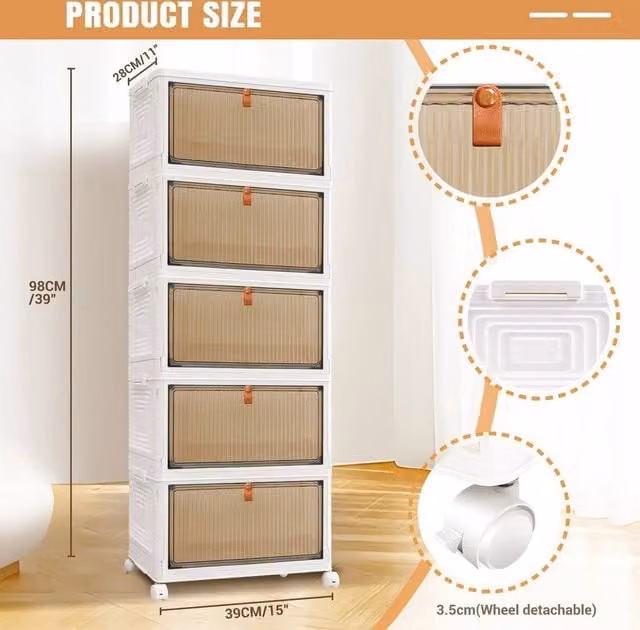 FORGEVIO 5 Tier Storage Boxes with Lid in White, W/D/H: 39 x 28 x 98 cm – 1