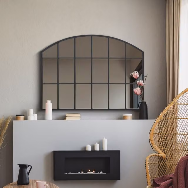 MirrorOutlet Arcus Overmantle Window Framed Arched Wall Mirror in Black, Width: 65 cm