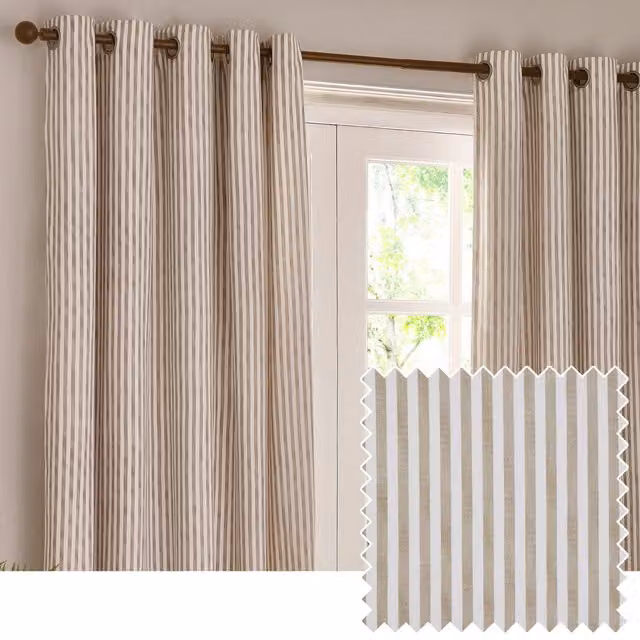 Make It A Home Striped Cotton Eyelet Curtain Pair in Beige and Yellow, Width: 137 cm