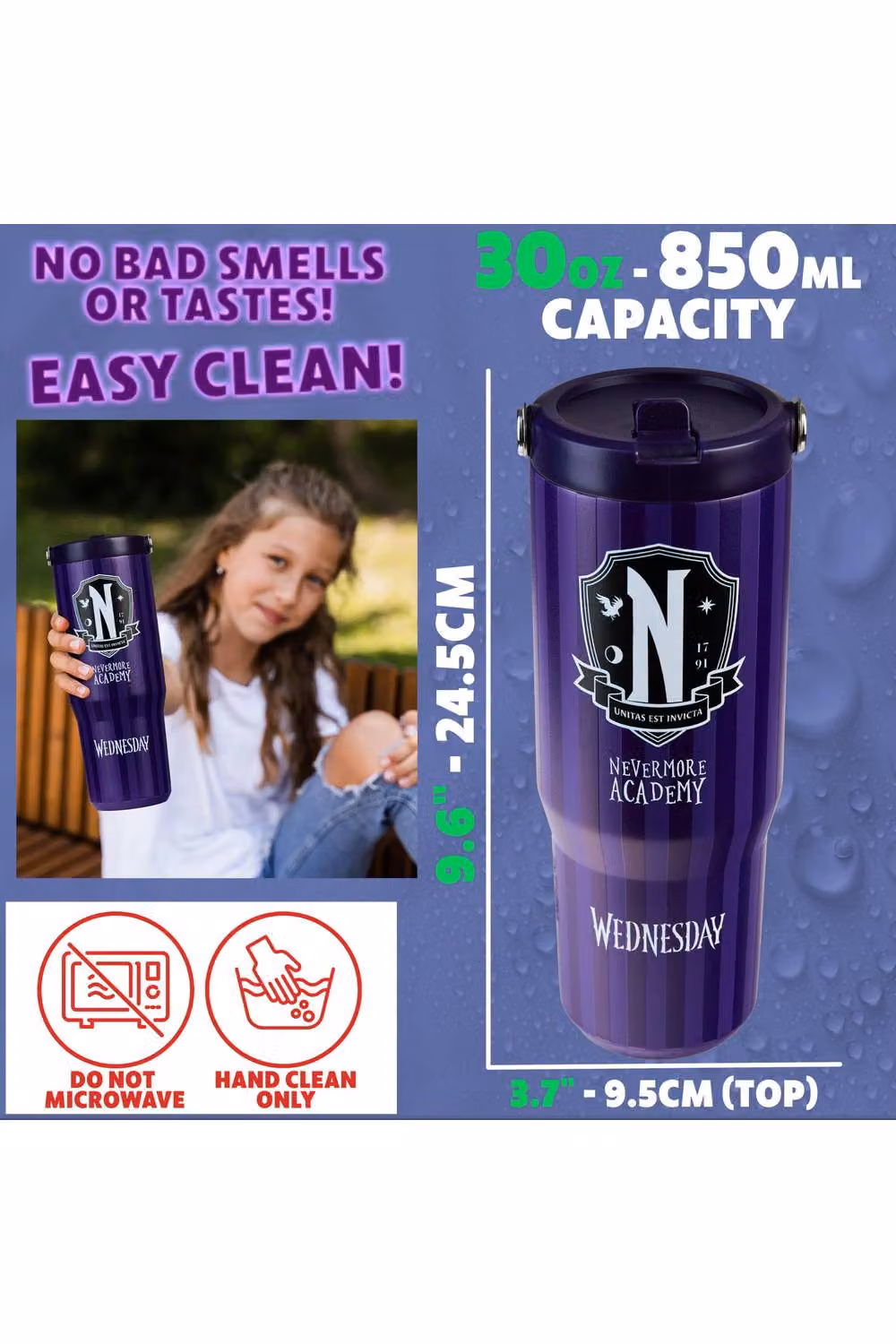 Get Trend Wednesday Insulated Metal Travel Tumbler with Flip Up Straw and Handle, 850ml, Purple – 12