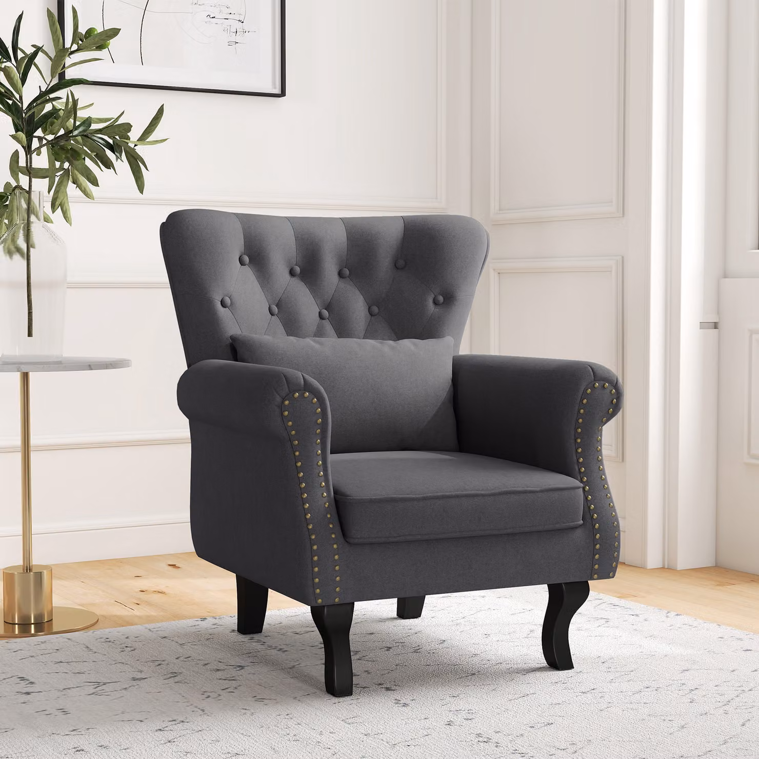 HOMCOM Chesterfield-style Tufted Wingback Accent Chair with Pillow and Nailhead Trim in Dark Grey – 2