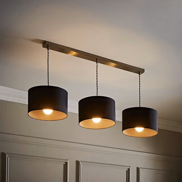 ValueLights Shaw 3 Drop Bar Ceiling Pendant Light with Fabric Drum Shades and LED Bulbs in Grey