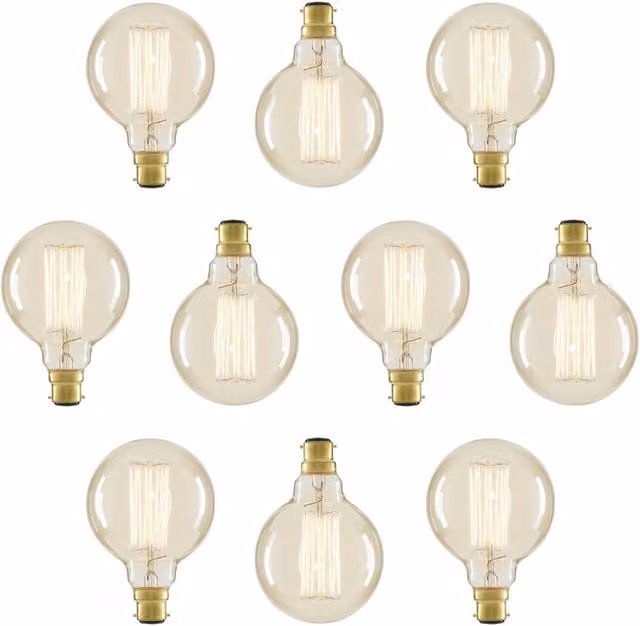 Litecraft 10 Pack of 40W Warm White Vintage Filament Globe Bulbs, B22, Transparent Glass, Dimmable
