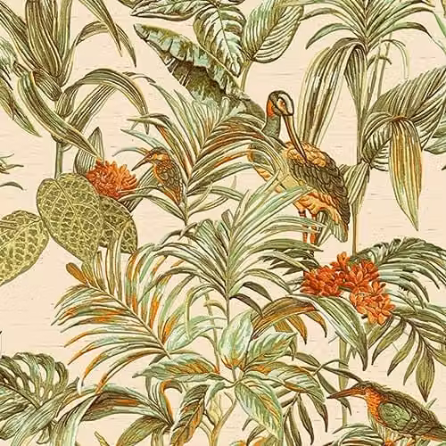 Design ID Wallstitch Bird of Paradise Botanical Floral Wallpaper in Green, Orange and Gold (DE120013)