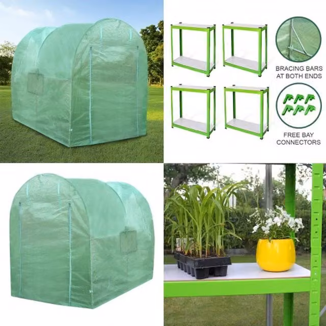 Monstershop Green Polytunnel with Shelving and Window, W/D/H: 2.5 x 2.0 x 2.0 m