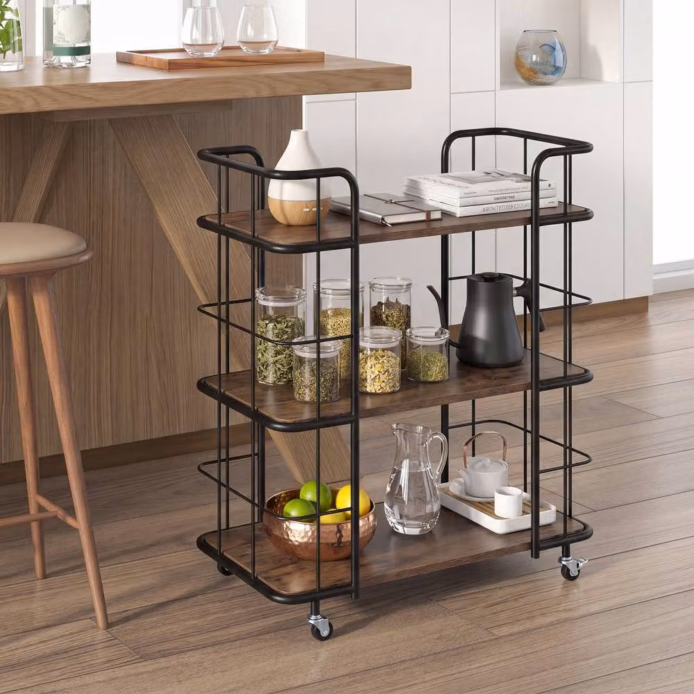 Costway 3 Tier Rolling Buffet Serving Bar Cart in Brown Industrial Metal – 4