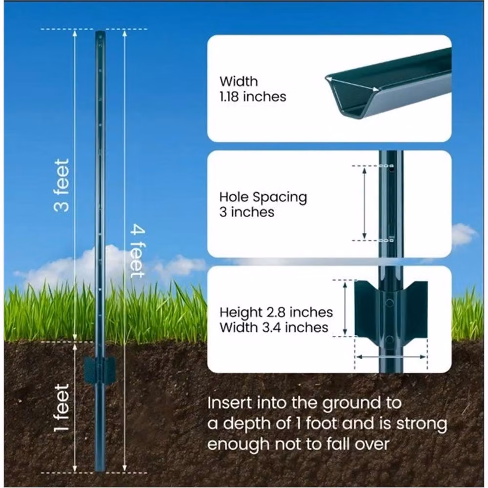 Nordara 10 Pack Green Coated Steel Metal No Dig Garden U Profile Fence Posts, Height: 121 cm – 2