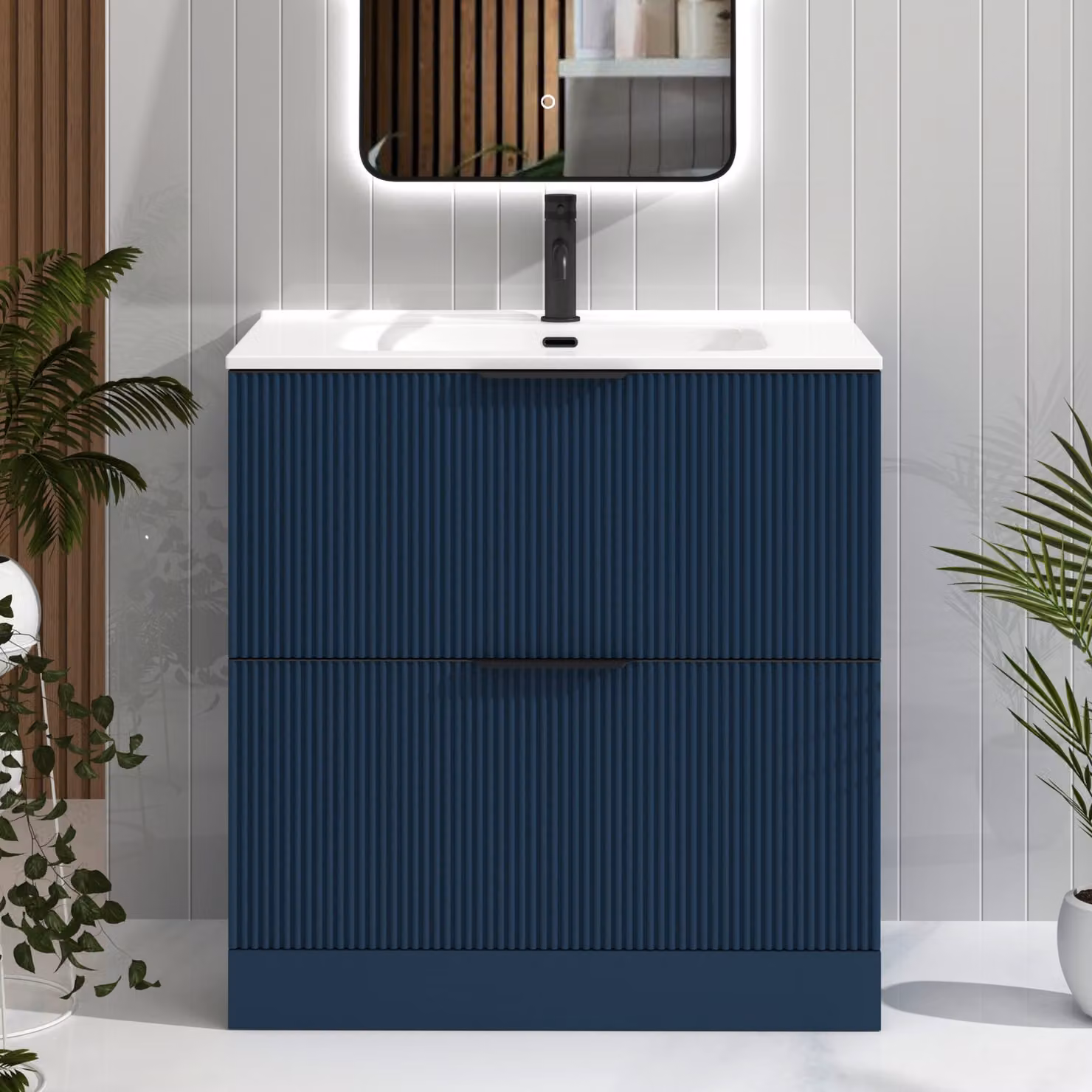 Royal Bathrooms Evora 800mm Midnight Blue Fluted Floor Standing 2 Drawer Vanity Unit with Ceramic Basin and Matt Black Handles