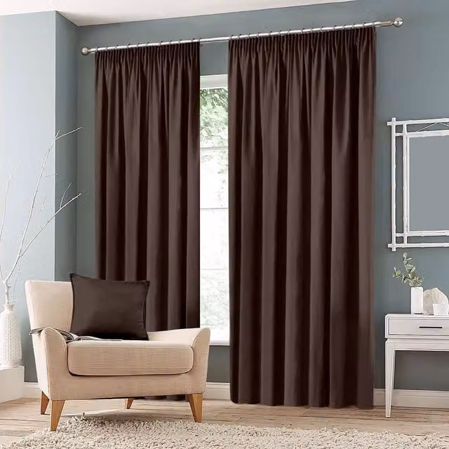Roseley Plain Brown Blackout Fabric Panel Pencil Pleat Curtains