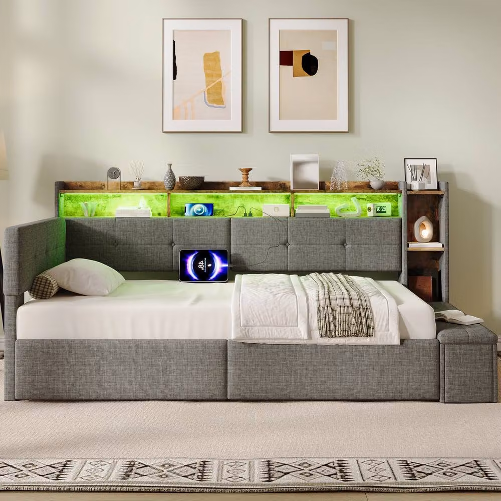 Merax 3ft Single Corner Daybed with Ottoman, LED Lighting and USB Charging Station in Grey, W/D/H: 90 x 190 x 220 cm – 3
