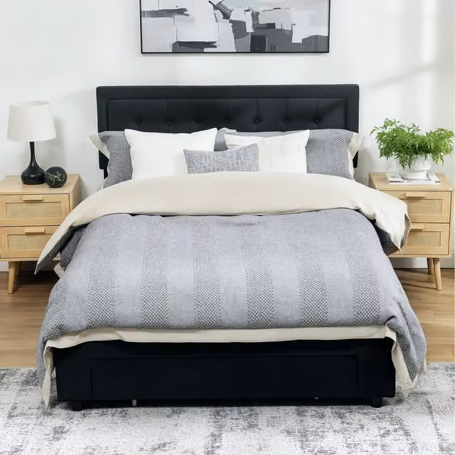 HOMCOM Black Velvet Upholstered Double Bed Frame with Lift Up Base and Wheeled Drawer, W/D/H: 140 x 200 cm