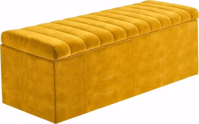 R&M Furnishers Mustard Gold Striped Plush Velvet Upholstered Blanket Chest