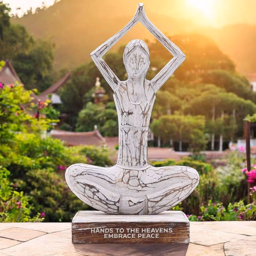 Serenityy Rustic White Wooden Yoga Figure Hands Up Pose Tabletop Ornament – 2