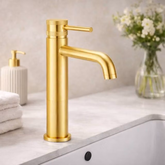 Bathroom Kingdom Venice Single Lever High Rise Basin Mixer Tap in Brushed Brass Gold